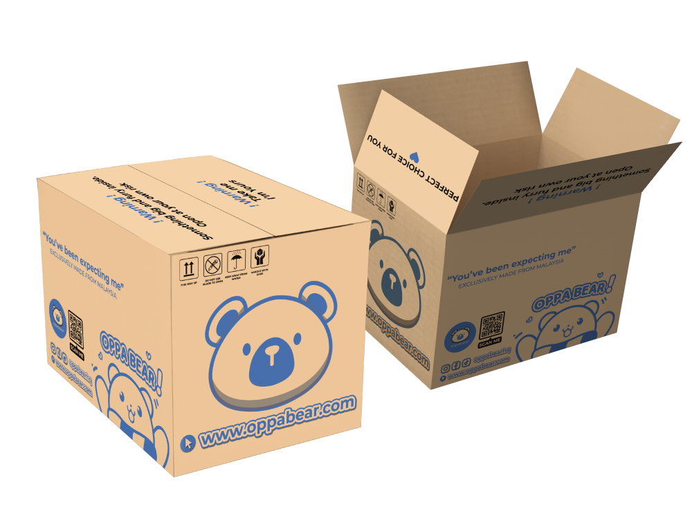 Oppa Bear branded packaging boxes, closed and open